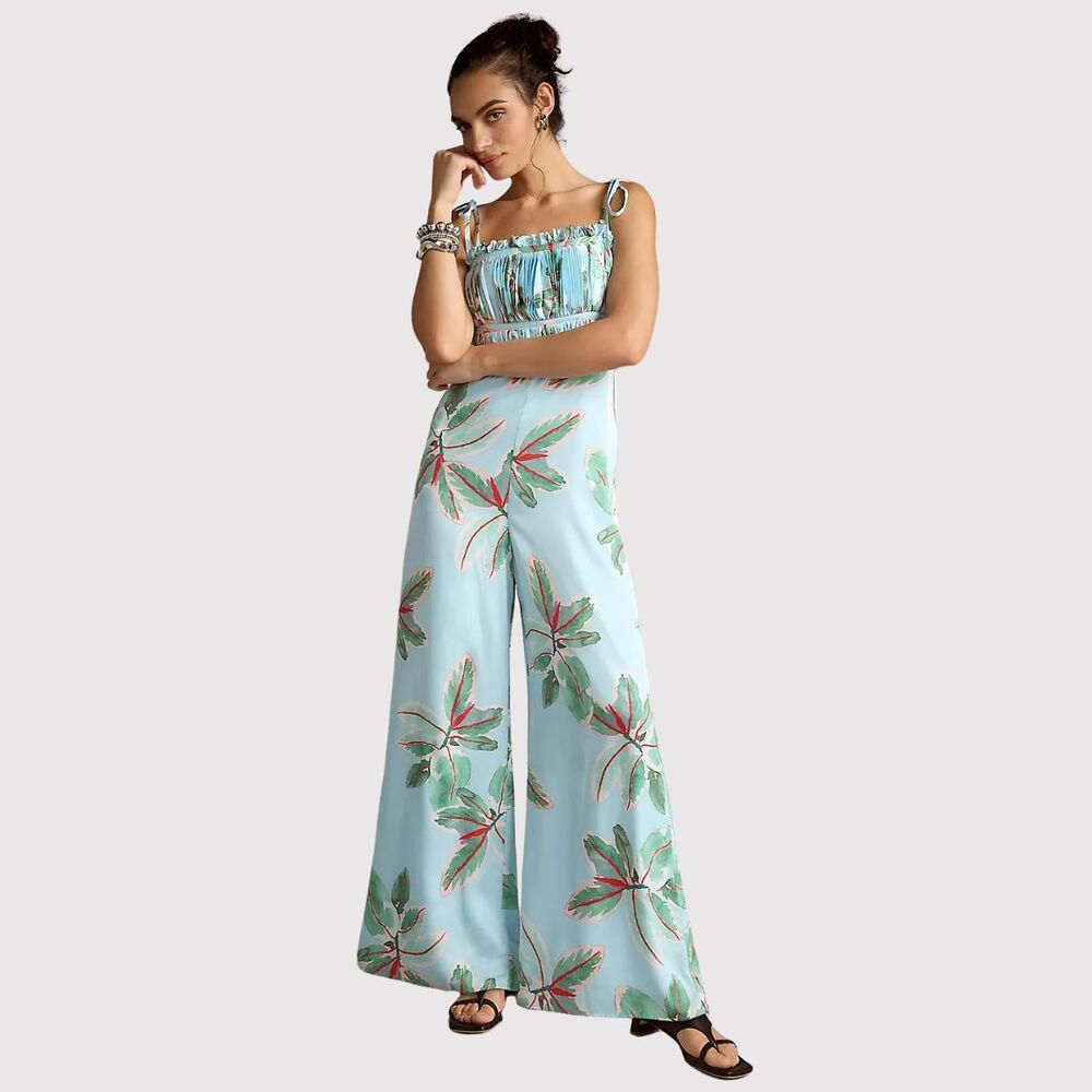Anthropologie Hutch Women Jumpsuit Blue Ruched Wide Leg Tropical Vacation Size 6